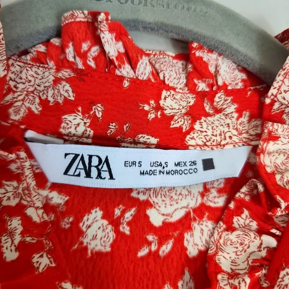 ZARA Floral Print Ruffles Tie Front Shirt Blouse Red - Picture 6 of 12